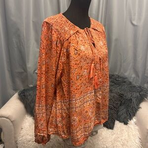 Jaase Women's Puff Sleeve Pullover Blouse Orange Floral Boho oversized XS 25”ptp